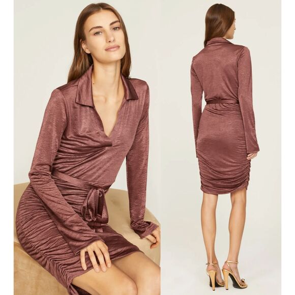 Louna Revolve Satin Mauve Brown Jersey Shirt Ruched Collared Mini Dress‎ Small - Picture 1 of 9
